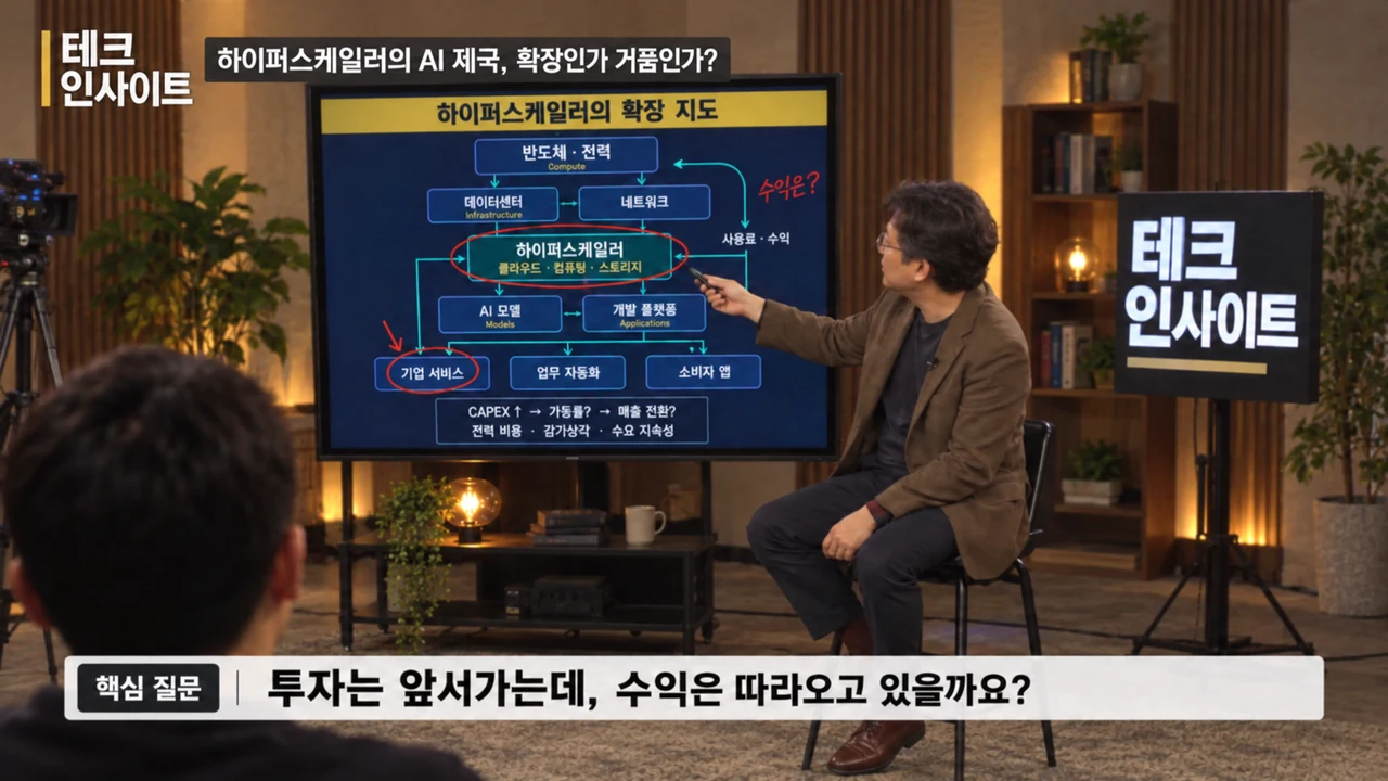 화면의 산업 구조도를 가리키며 AI 투자와 수익을 설명하는 테크 인사이트